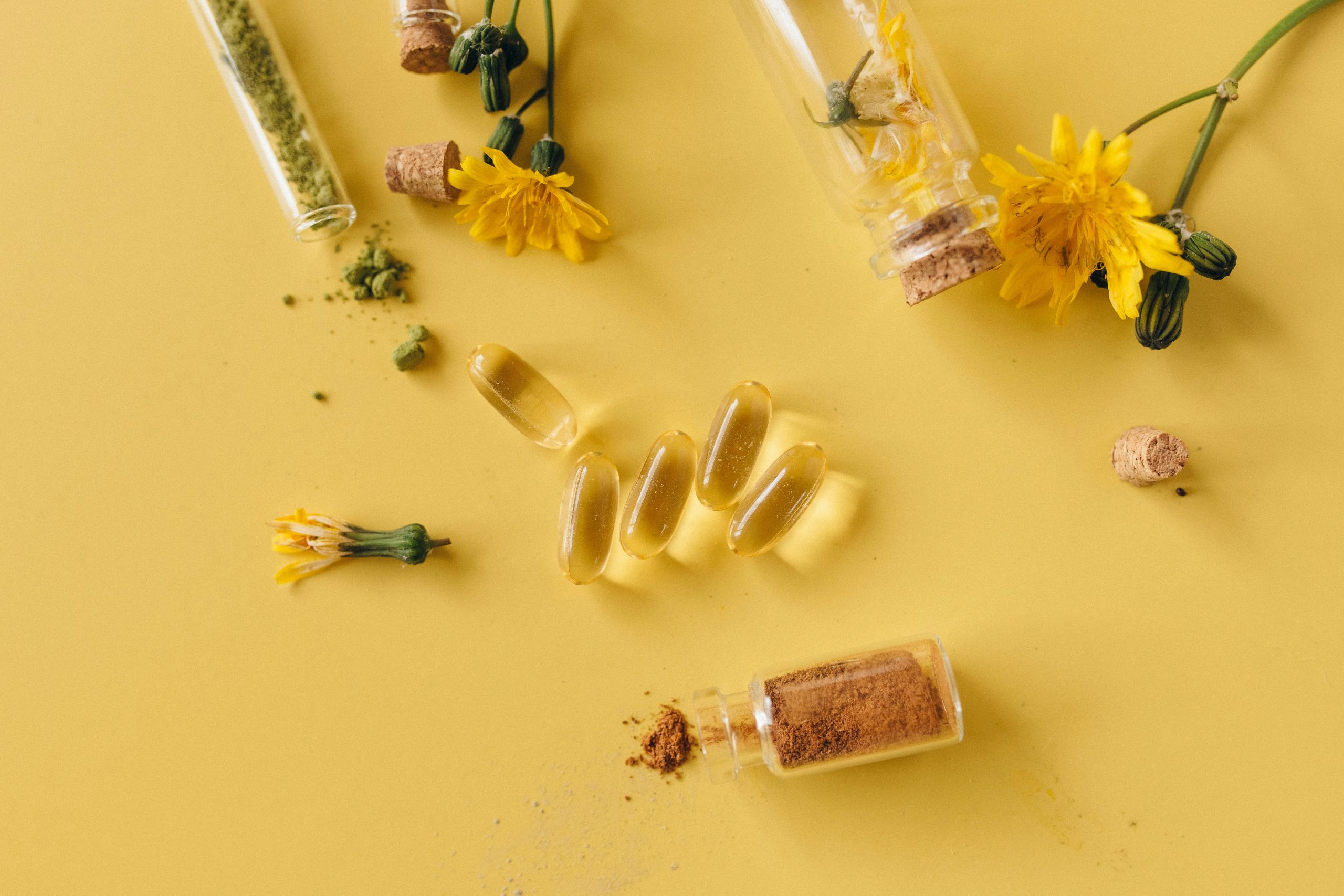 Flat lay of herbal supplements, dandelion flowers, and test tubes on a yellow background.